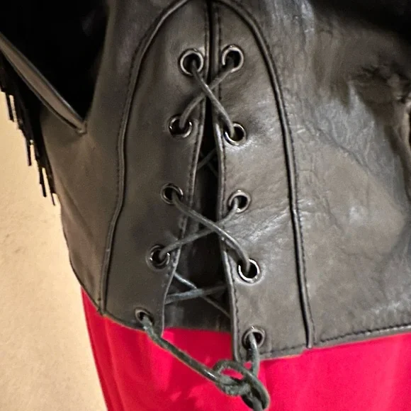 Black Fringe Leather Biker Jacket with Cut Out Rose Details - Picture 12 of 16